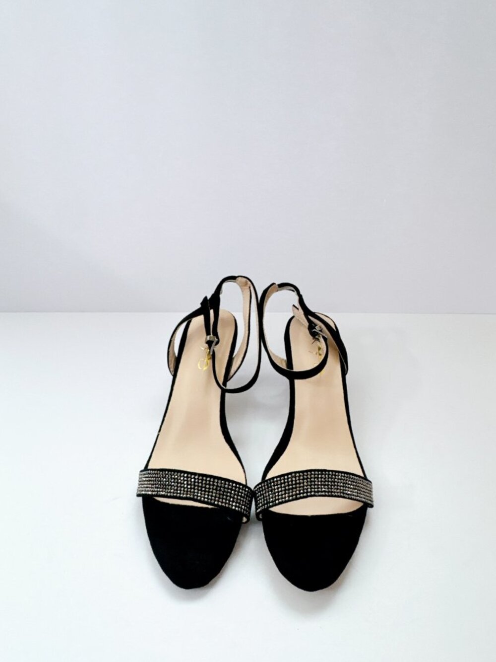 Size 6 Black Rhinestone Ankle Strap Sandals Kitten Heel Open Toe Dress Heels